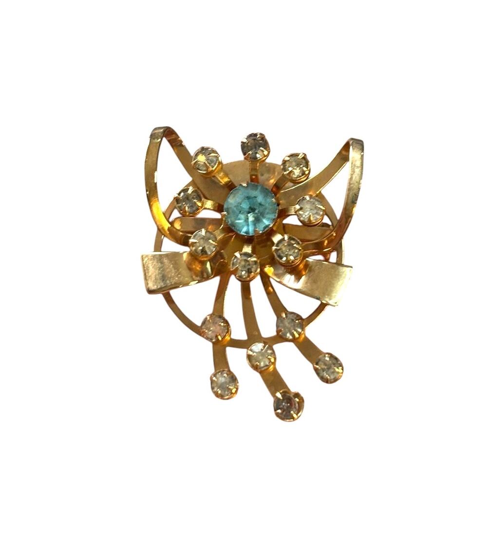 Vintage Rhinestone Brooch Pendant Convertible Gold Tone Aqua Mid Century Atomic